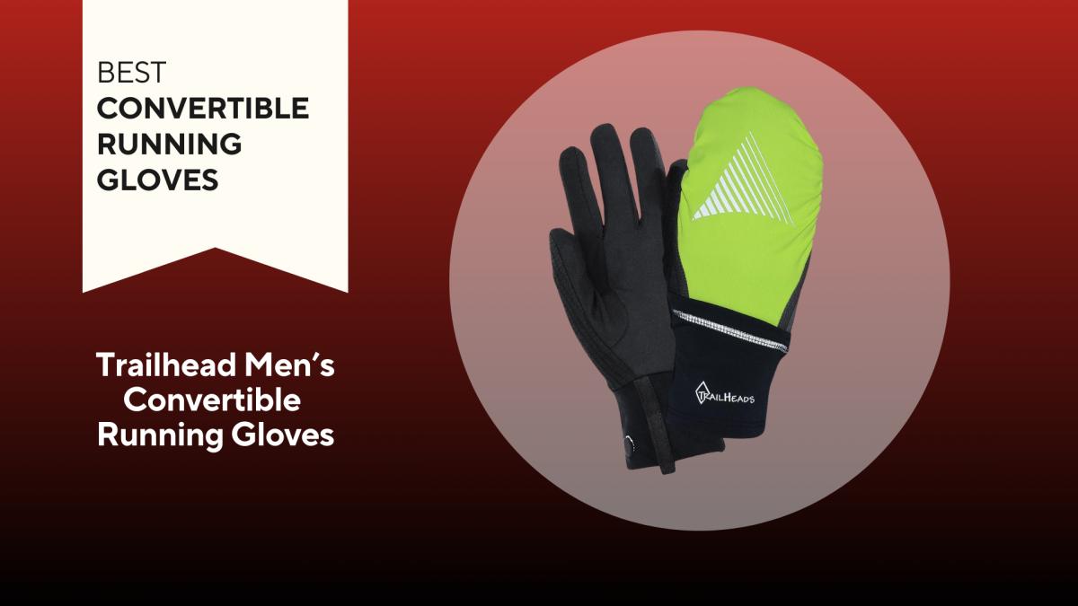 Trailhead Men’s Convertible Running Gloves over a red background