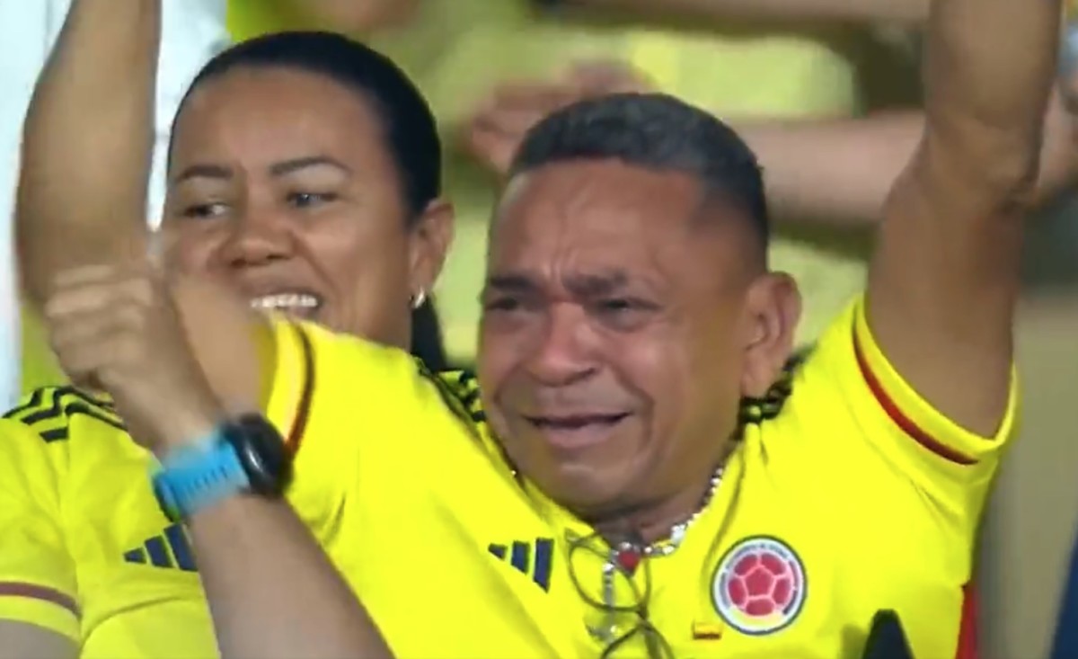 The father of Luis Diaz pictured celebrating after watching his son score for Colombia against Brazil in November 2023