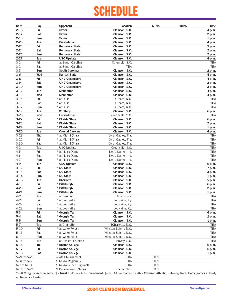 2024 Clemson Baseball Schedule