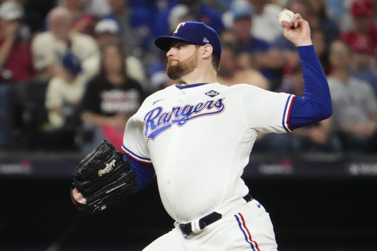 Texas Rangers starting pitcher Jordan Montgomery (52) throws a pitch against the Arizona Diamondbacks during the second inning in game two of the 2023 World Series at Globe Life Field on Oct. 28, 2023, Arlington, Texas.