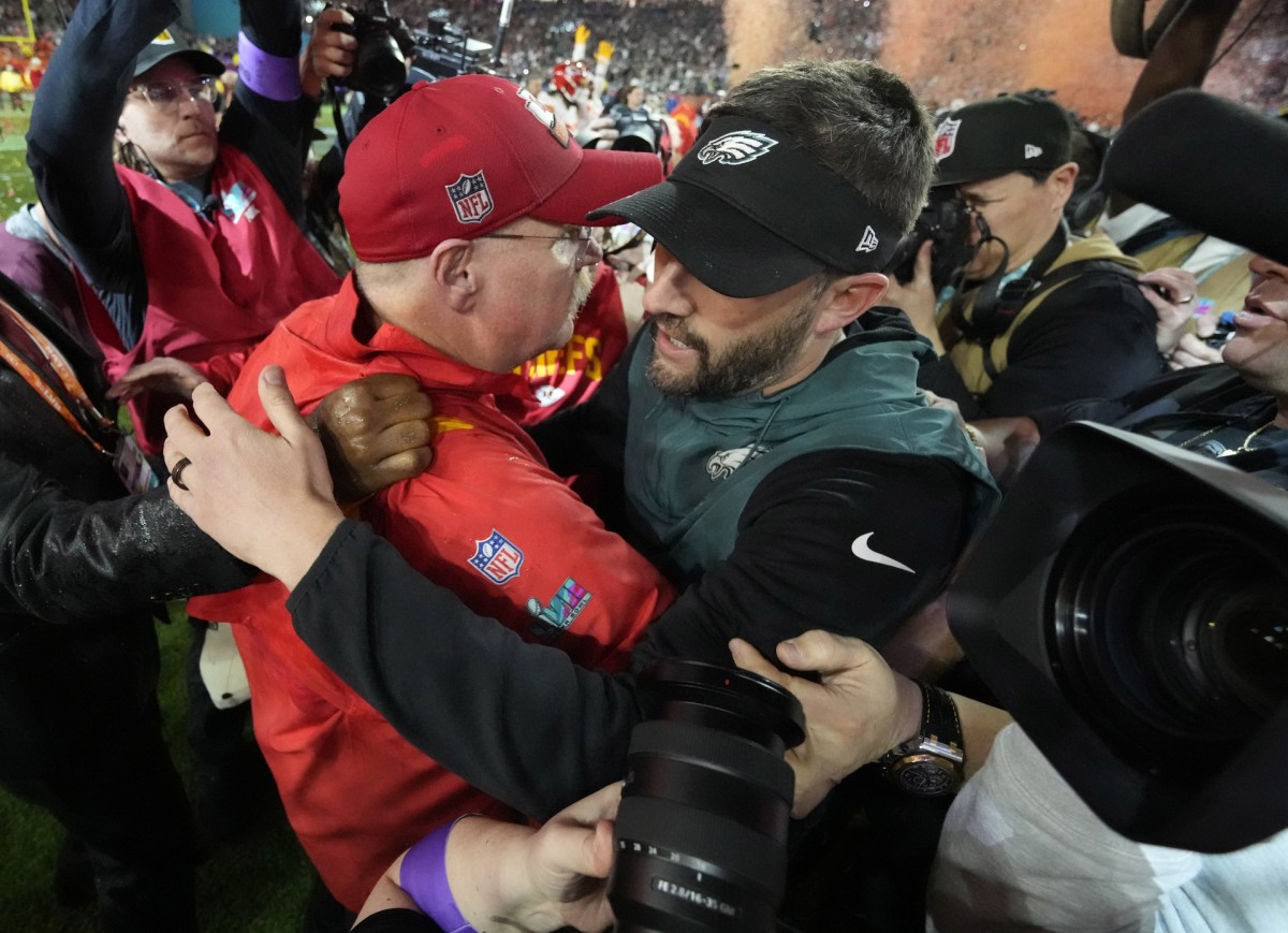 Andy Reid and Nick Sirianni embrace after the Chiefs beat the Eagles, 38-35, in Super Bowl LVII