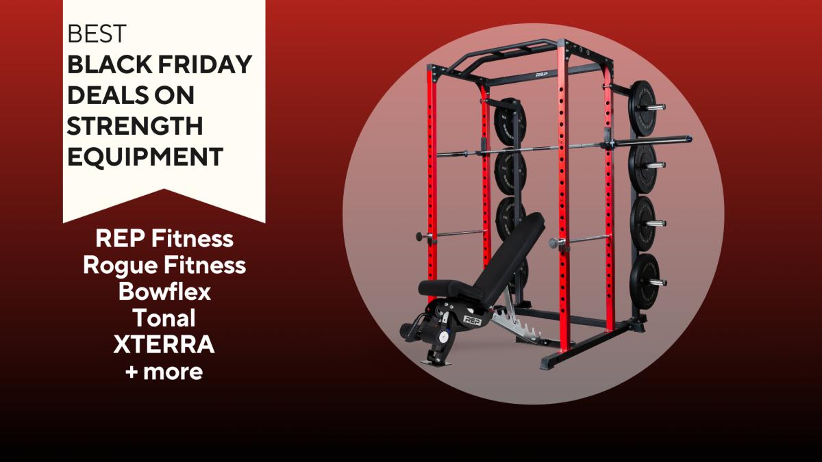 Black Friday deals on strength equipment featuring an at-home gym setup on a red background