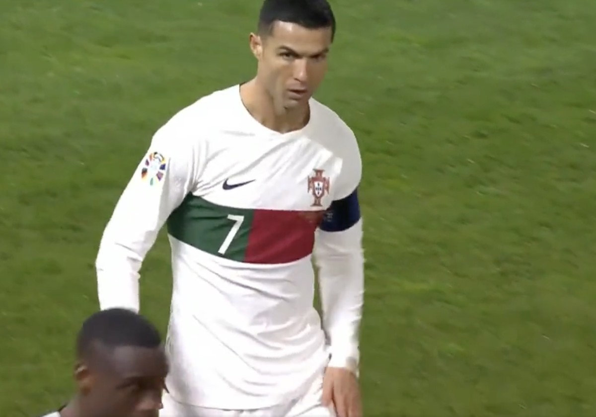Cristiano Ronaldo pictured tapping his left thigh muscle after scoring for Portugal against Liechtenstein in November 2023