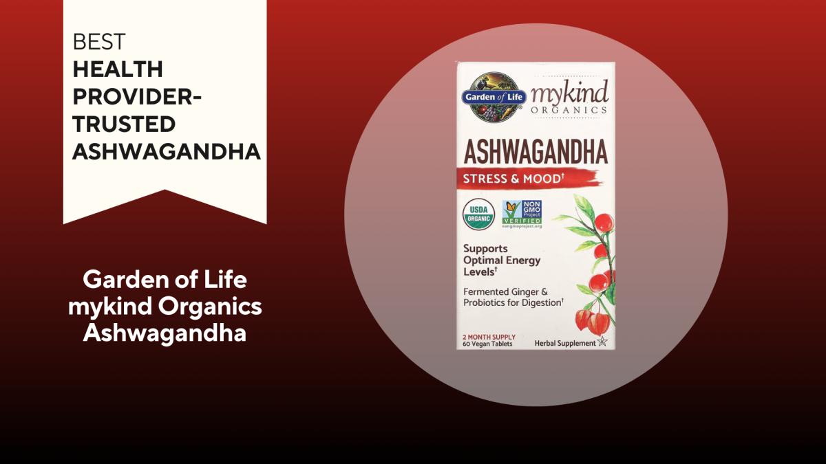 A bottle of Garden of Life Ashwagandha against a red background