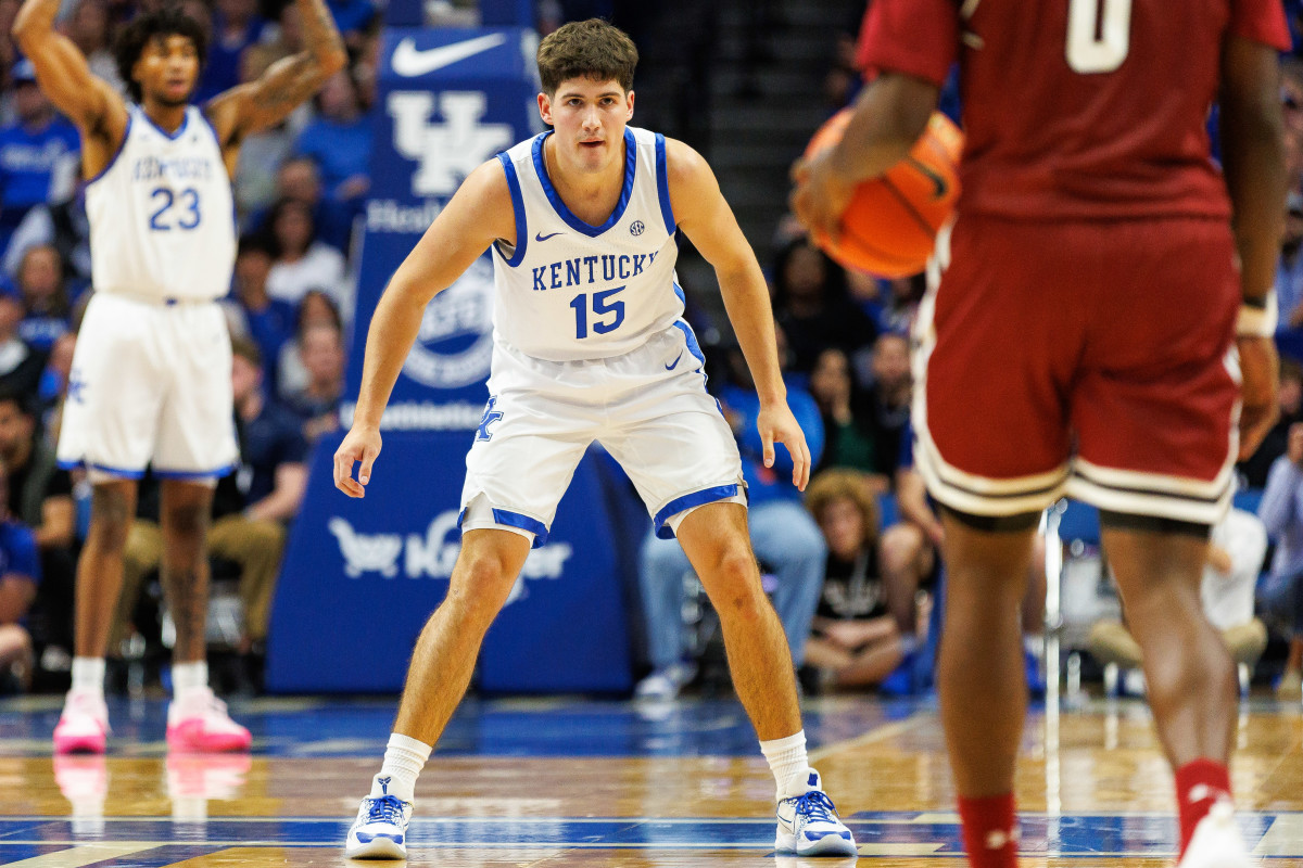 Nov 6, 2023; Lexington, Kentucky, USA; Kentucky Wildcats guard Reed Sheppard (15) guards New Mexico State Aggies guard Jaylin Jackson-Posey (0) during the second half at Rupp Arena at Central Bank Center. Mandatory Credit: Jordan Prather-USA TODAY Sports