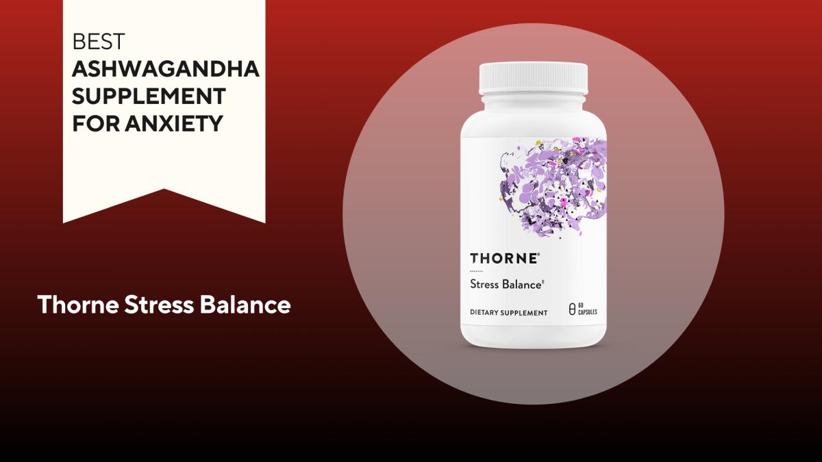 A bottle of Thorne Stress Balance against a red background