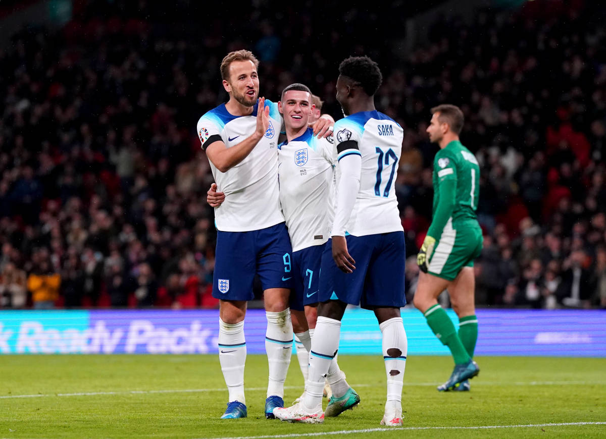 Harry Kane pictured (left) celebrating with Phil Foden (center) and Bukayo Saka after scoring the 62nd goal of his international career in England's 2-0 win over Malta in November 2023