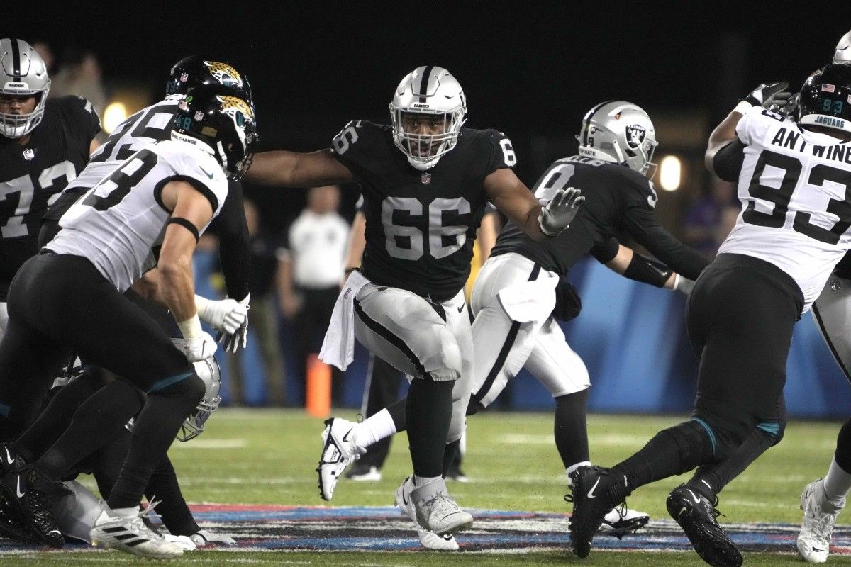Las Vegas Raiders guard Dylan Parham was ruled questionable for Sunday's game against the Miami Dolphins.
