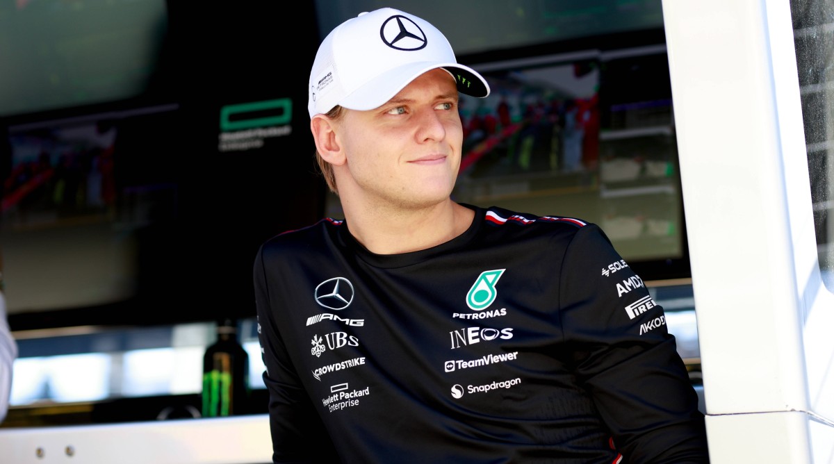 Mercedes reserve driver Mick Schumacher looks on from the pit wall during the F1 Brazil Grand Prix.
