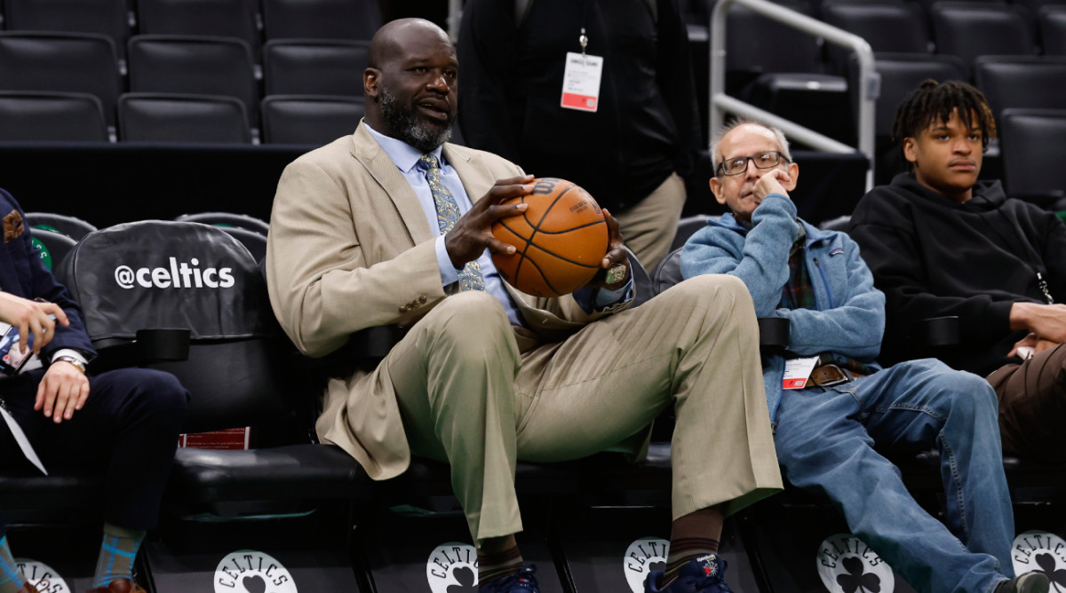 Shaquille O’Neal courtside during a 2023 Boston Celtics game.