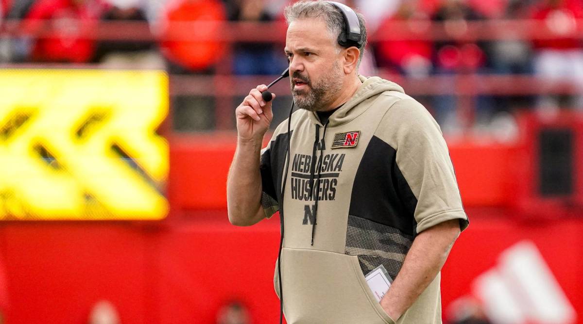 Nebraska head coach Matt Rhule looks on while coaching during a game.