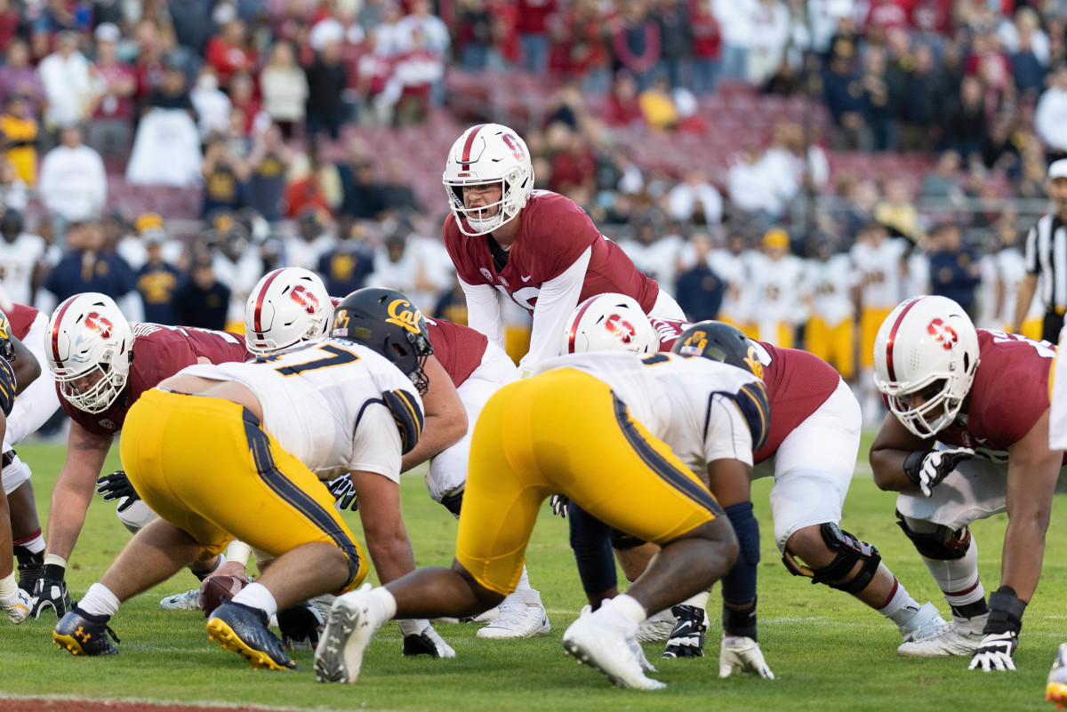 Nov 20, 2021; Stanford, California, USA; Stanford Cardinal quarterback Tanner McKee (18) readies to start the play during the first quarter against California Golden Bears at Stanford Stadium. Mandatory Credit: Stan Szeto-USA TODAY Sports