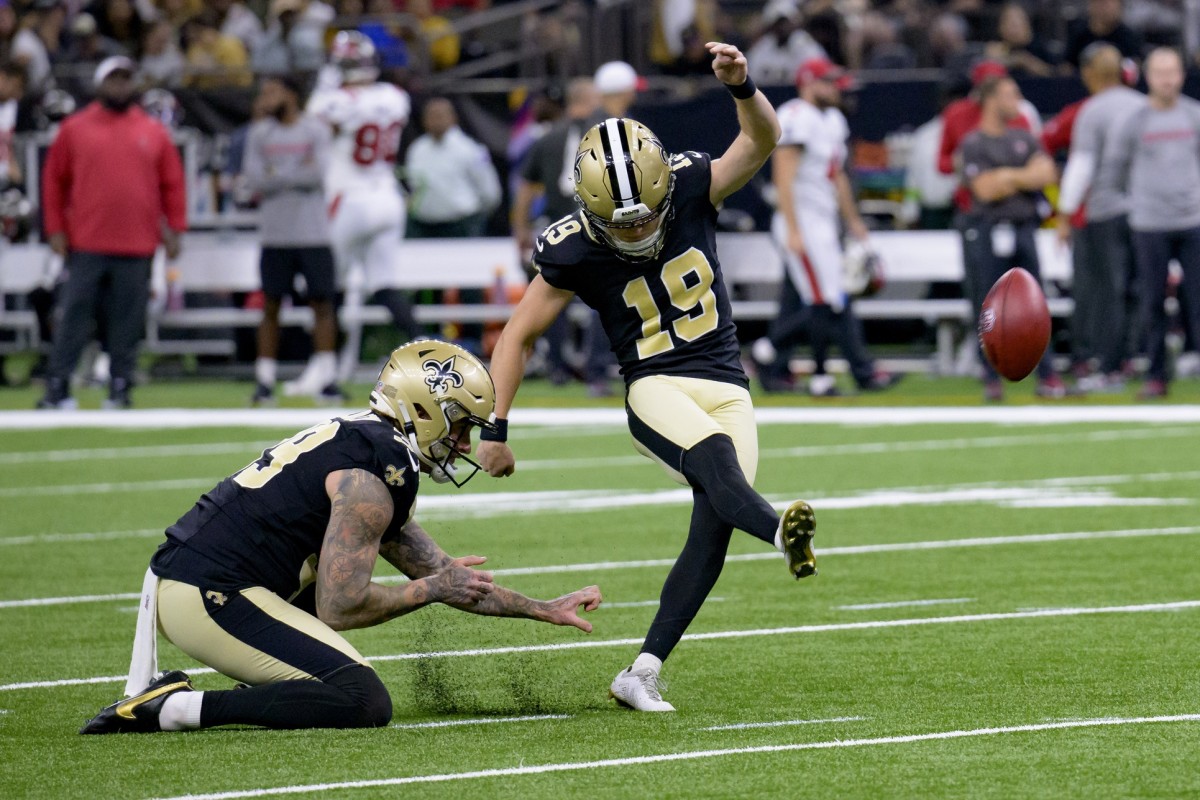 New Orleans Saints place kicker Blake Grupe (19) makes a field goal against the Tampa Bay Buccaneers. Mandatory Credit: Matthew Hinton-USA TODAY
