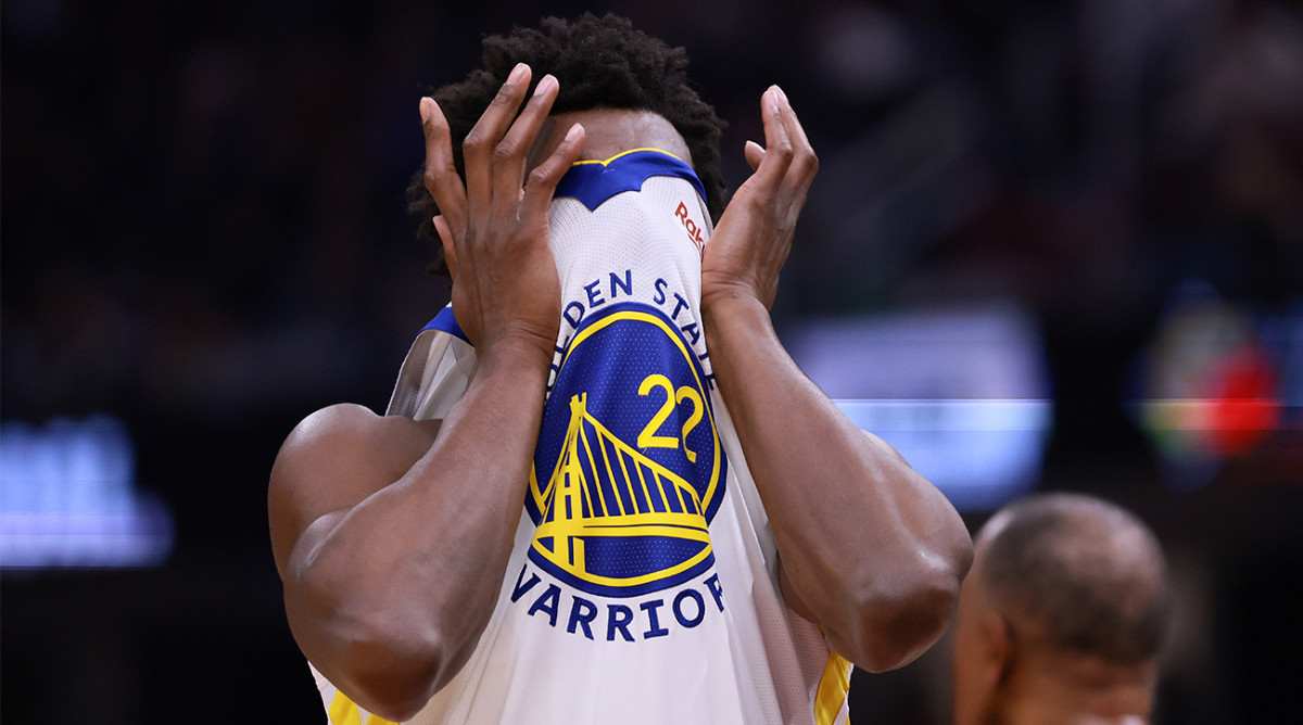 Warriors’ Andrew Wiggins reacts to a mistake.