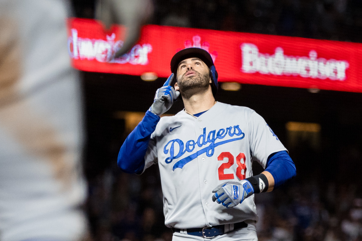 Los Angeles Dodgers designated hitter J.D. Martinez reacts after hitting a three-run home run against the SF Giants at Oracle Park. (2023)