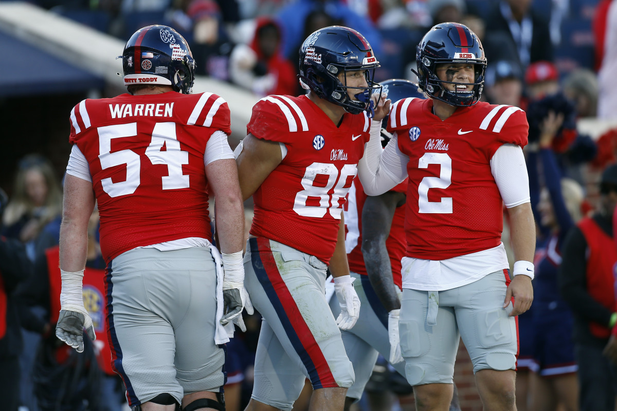 Ole Miss Rebels Caleb Warren, Caden Prieskorn and Jaxson Dart