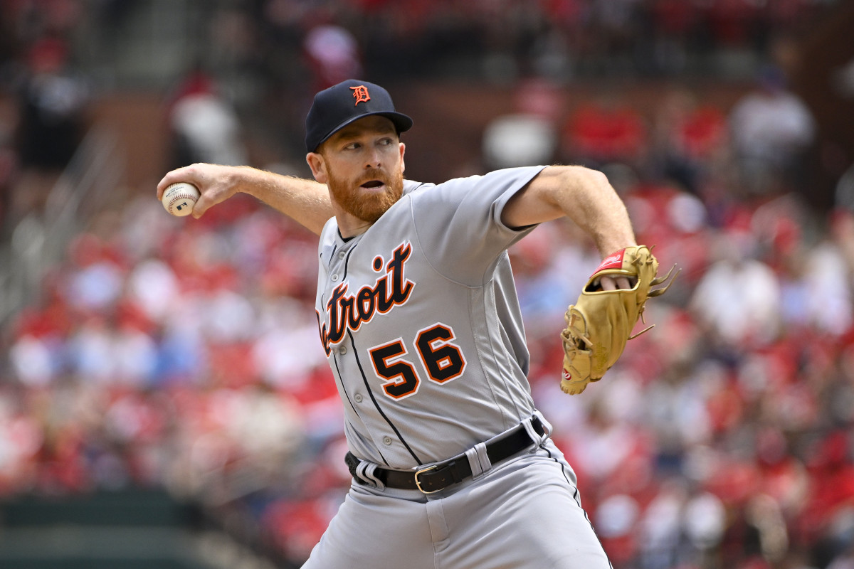 May 6, 2023; St. Louis, Missouri, USA; Detroit Tigers starting pitcher Spencer Turnbull (56) pitches against the St. Louis Cardinals during the first inning at Busch Stadium.