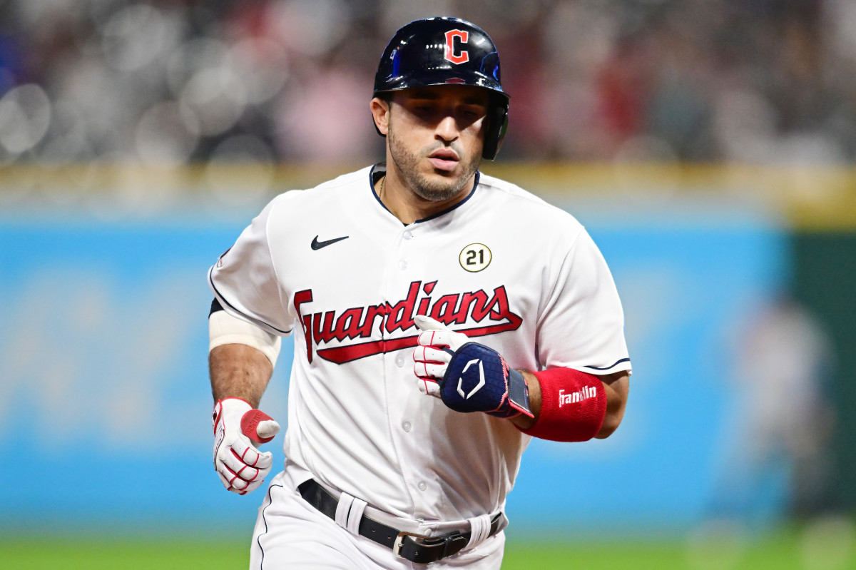 Sep 15, 2023; Cleveland, Ohio, USA; Cleveland Guardians center fielder Ramon Laureano (10) rounds the bases after hitting a home run during the fifth inning against the Texas Rangers at Progressive Field.
