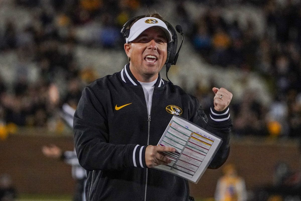 Missouri Tigers head coach Eli Drinkwitz reacts to a play against the Florida Gators during the first half at Faurot Field at Memorial Stadium.