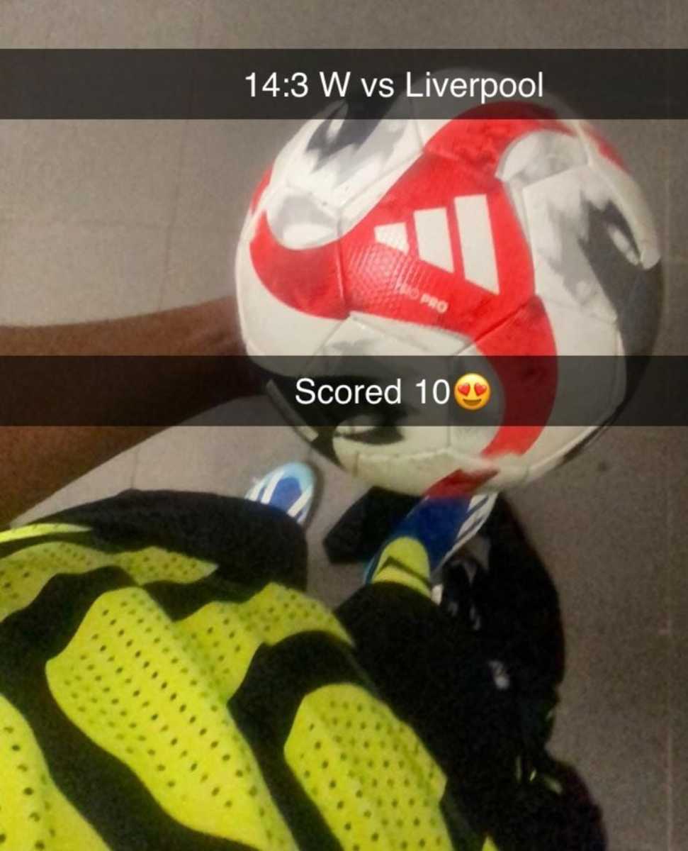 A photo of a match ball posted on Instagram by Chido Obi-Martin in November 2023 after he scored 10 goals for Arsenal's U16 team in a 14-3 win over Liverpool