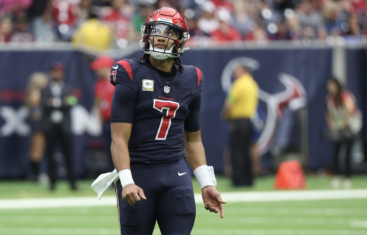 Houston Texans quarterback C.J. Stroud (7) looks at the replay while playing against the Arizona Cardinals in the first quarter at NRG Stadium.
