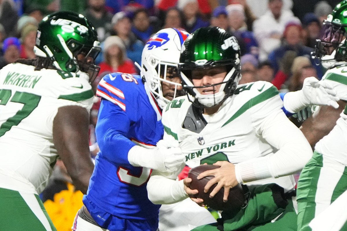 Buffalo Bills defensive end Leonard Floyd sacks New York Jets quarterback Zach Wilson during the first half at Highmark Stadium.