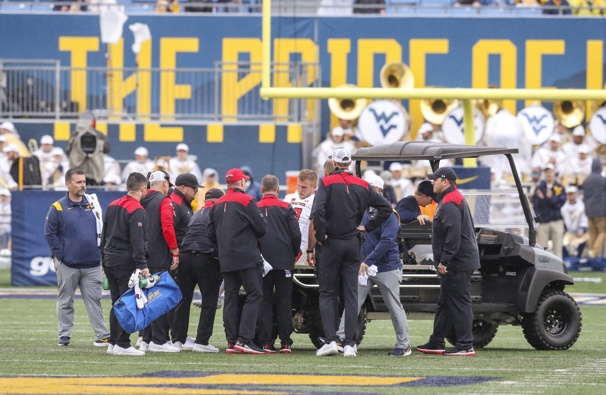 Texas Tech quarterback Tyler Shough is carted off with an injury against the Wester Virginia Mountaineers.