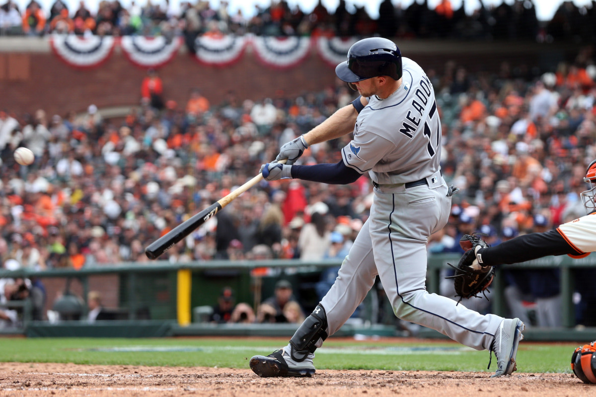 Tampa Bay Rays right fielder Austin Meadows hits an RBI double during the seventh inning against the SF Giants at Oracle Park. (2019)