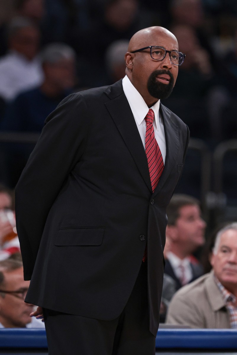 Indiana Hoosiers coach Mike Woodson looks on during the first half against the Connecticut Huskies at Madison Square Garden.