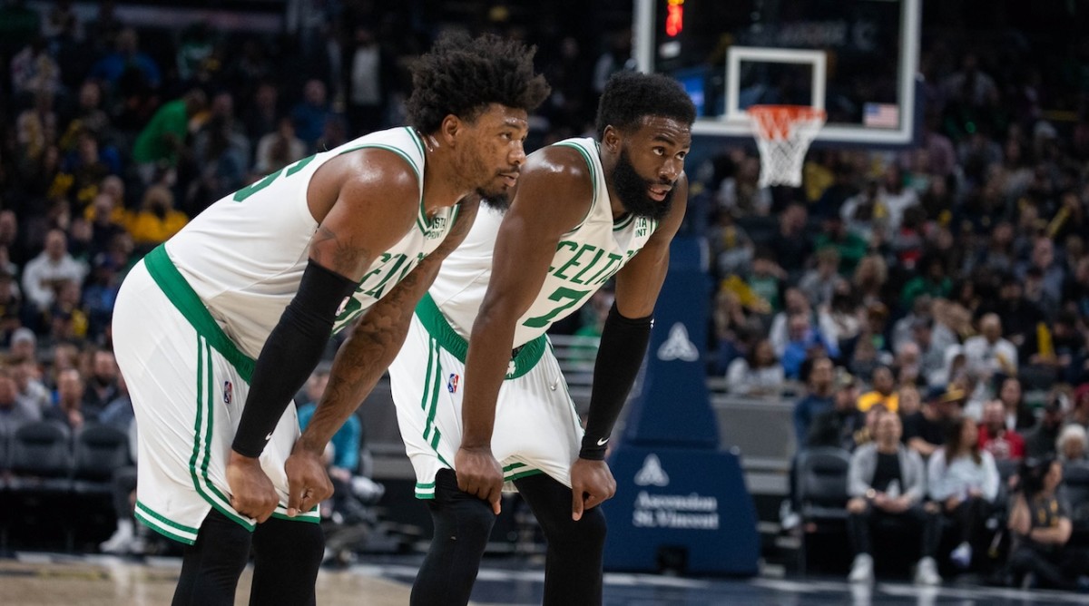 Boston Celtics former teammates Jaylen Brown and Marcus Smart.