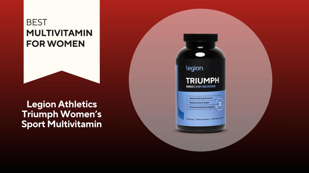 A red and black background with a white banner that reads Best Multivitamin for Women next to a black and purple bottle of Legion Triumph Women's Multivitamin