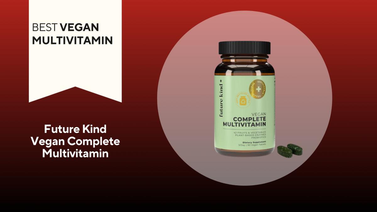 A red and black background with a white banner that reads Best Vegan Multivitamin next to a brown bottle of Future Kind Vegan Complete Multivitamin