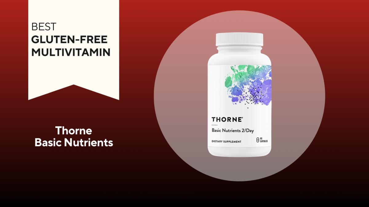 A red and black background with a white banner that reads Best Gluten-Free Multivitamin next to a white bottle of Thorne Basic Nutrients multivitamins