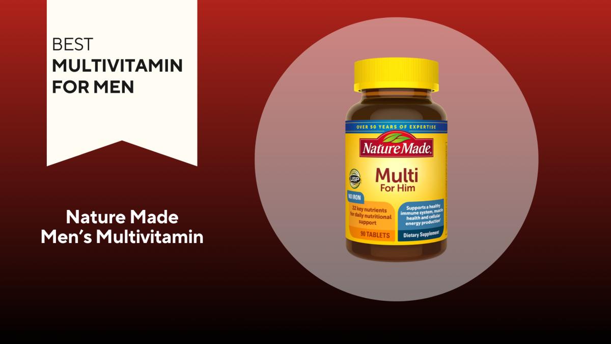 A red and black background with a white banner that reads Best Multivitamin for Men next to a bottle of Nature Made Multi for Him multivitamin capsules