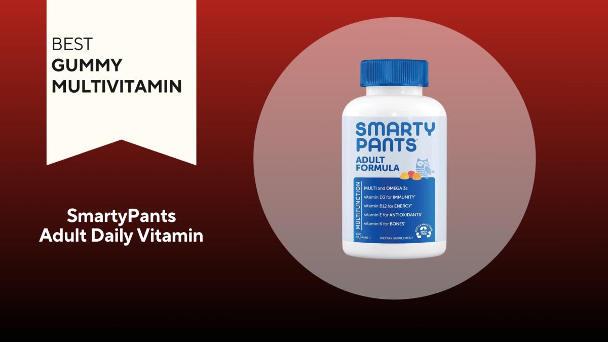 A red and black background with a white banner that reads Best Gummy Multivitamin next to a white and blue bottle of SmartyPants Adult Formula multivitamin gummies