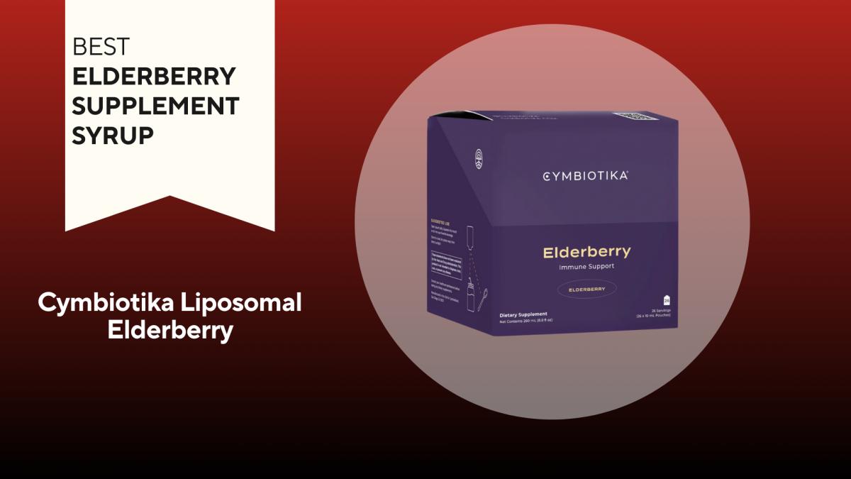 A purple box of cymbiotika liposomal elderberry supplements, our pick for the best elderberry supplement syrup