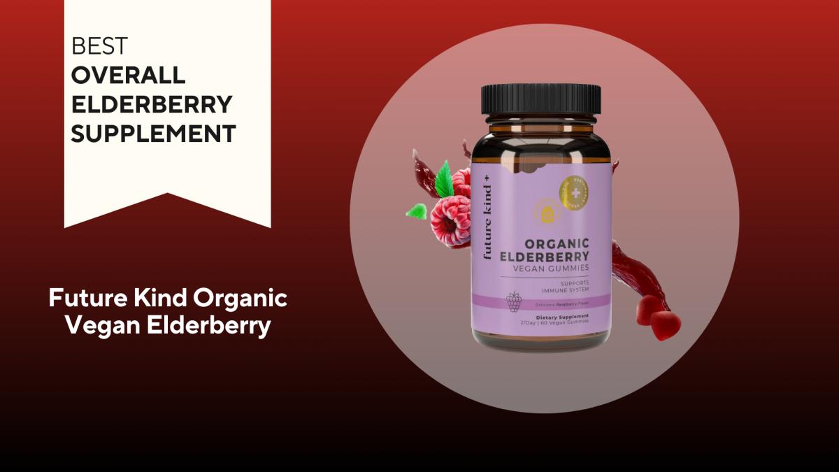 A brown bottle with a purple label of future kind organic vegan elderberry gummies, our pick for the best overall elderberry supplement