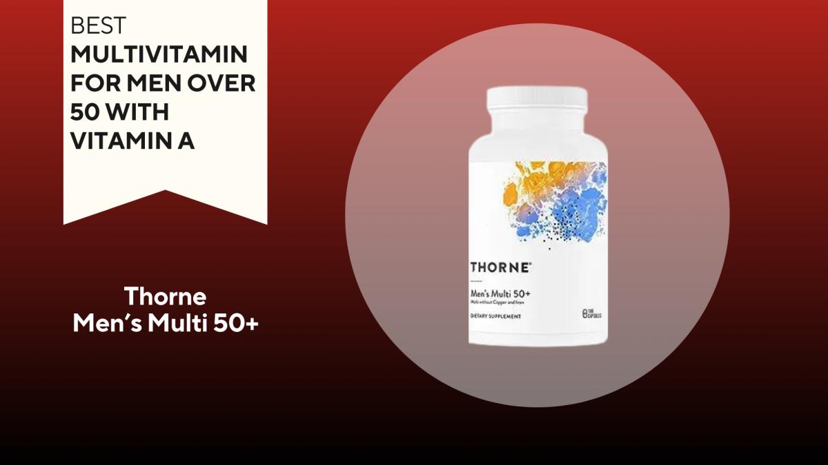 A red and black background with a white banner that reads Best Multivitamin for Men Over 50 with Vitamin A next to a bottle of Thorne Research Men's Multi 50+ multivitamins