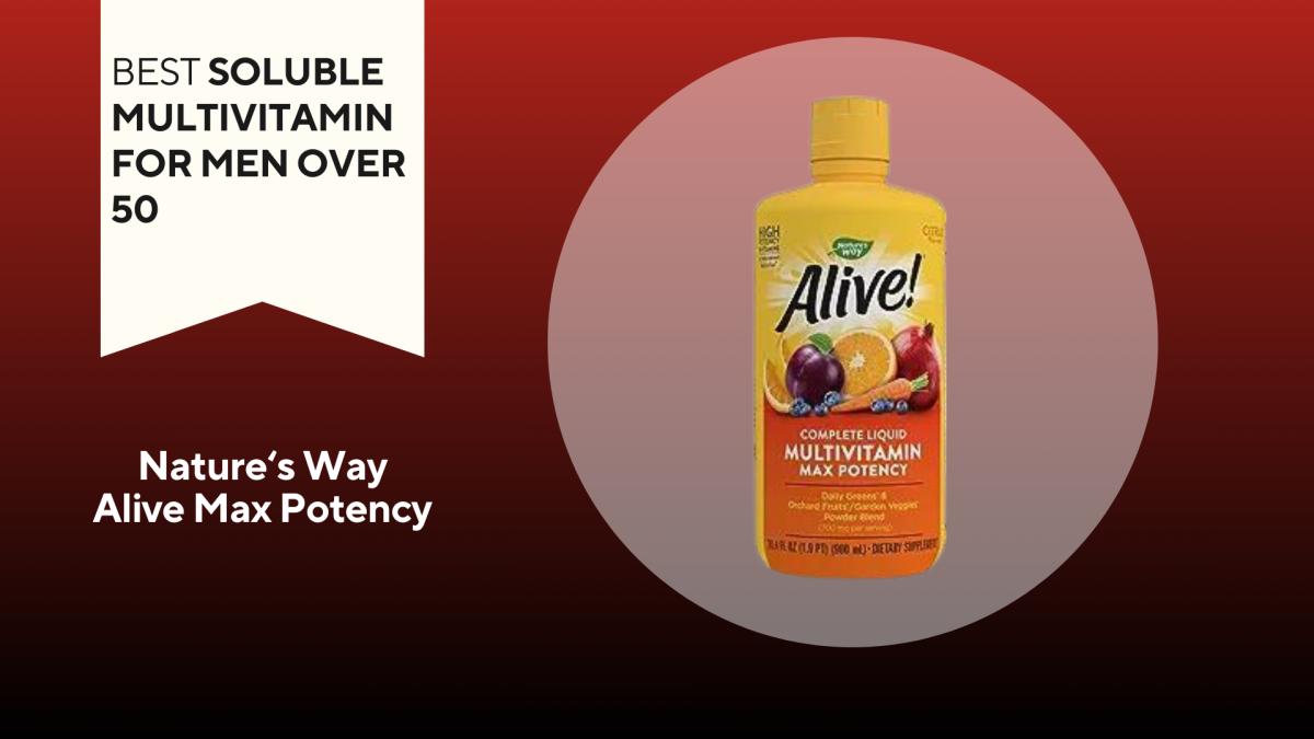 A black and red background with a white banner that reads Best Soluble Multivitamin for Men Over 50 next to a bottle of Nature's Way Alive! Max Potency Liquid Multivitamin