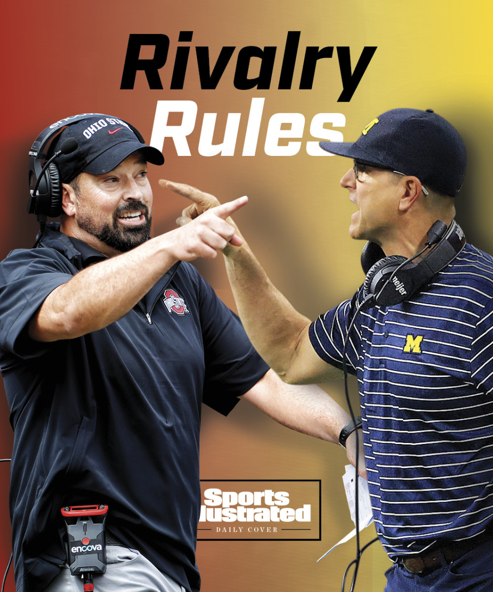 Ohio State coach Ryan Day and Michigan coach Jim Harbaugh, both pointing