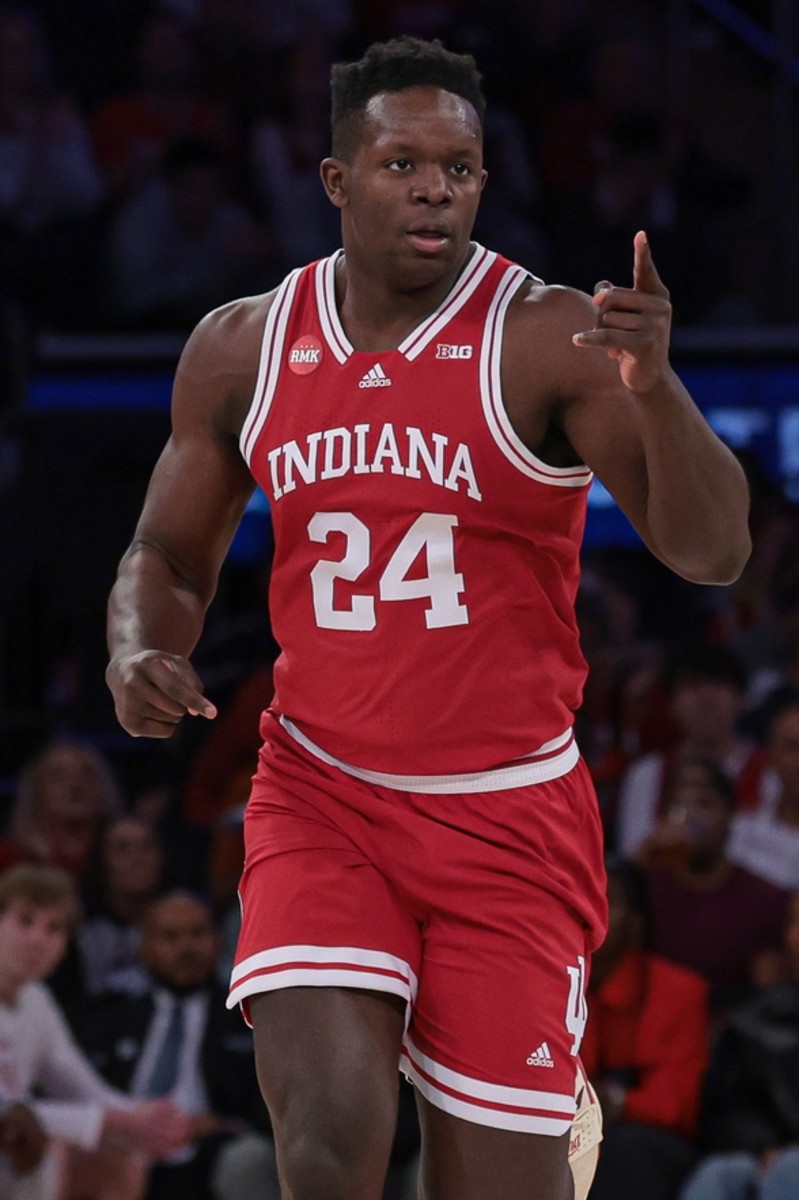 Indiana Hoosiers forward Payton Sparks (24) reacts after a basket during the first half against the Louisville Cardinals at Madison Square Garden.