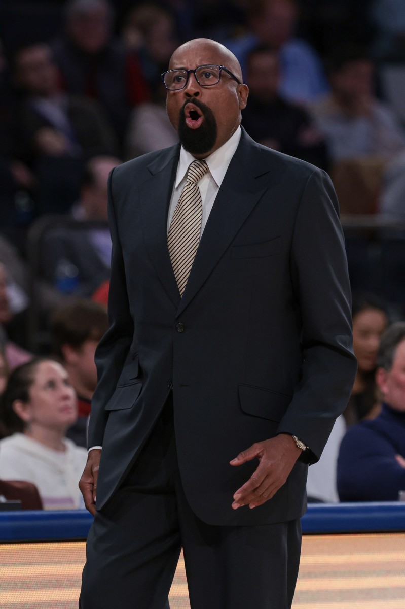 Indiana Hoosiers head coach Mike Woodson reacts during the first half against the Louisville Cardinals at Madison Square Garden.
