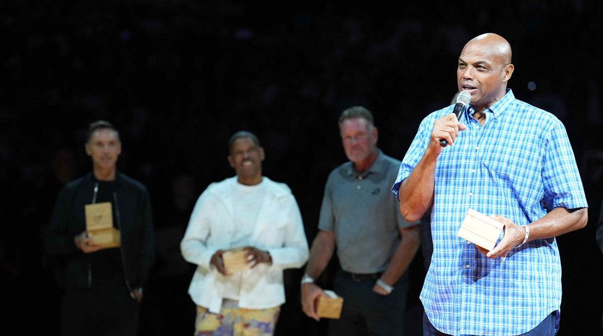 Suns legend Charles Barkley greets fans during a Ring of Honor half time ceremony of the game against the Jazz at Footprint Center.