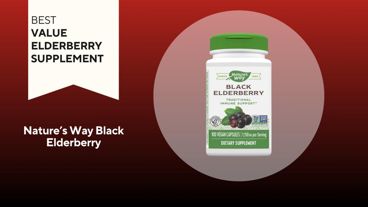 A white bottle with a green top and green writing of nature's way black elderberry supplements, our pick for the best value elderberry supplement