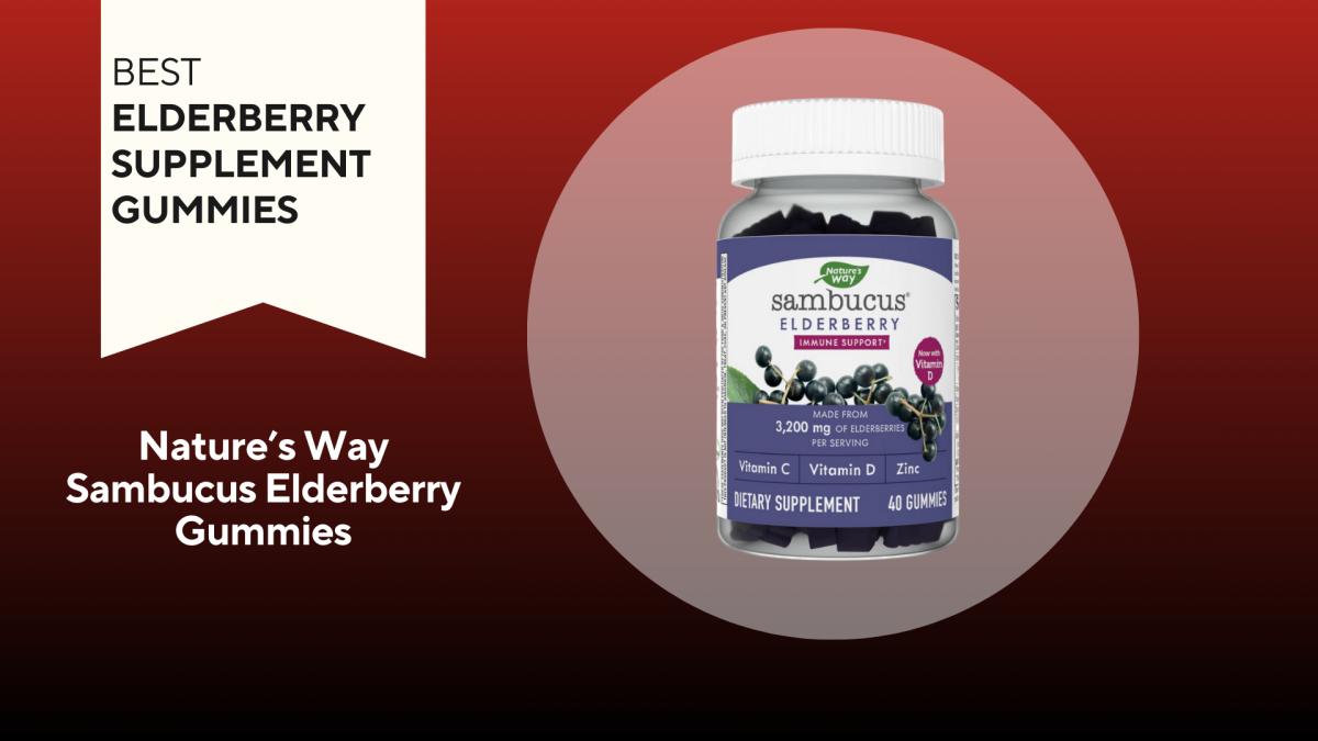 A clear bottle with a white top and purple and white label of nature's way sambucus elderberry gummies, our pick for the best elderberry supplement gummies