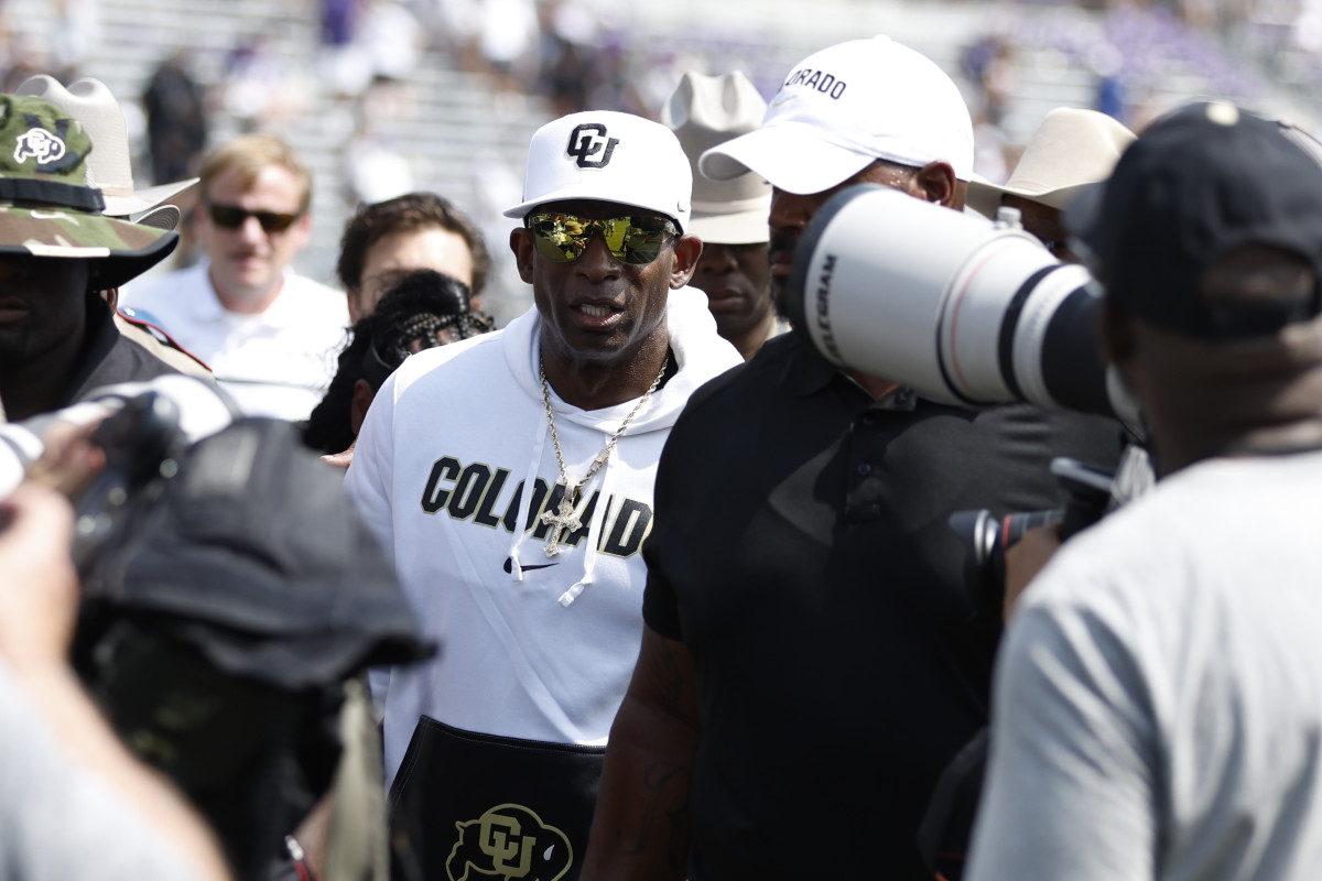 Sep 2, 2023; Fort Worth, Texas, USA; Colorado Buffaloes head coach Deion Sanders walks off the field aft winning the game against the TCU Horned Frogs at Amon G. Carter Stadium. Mandatory Credit: Tim Heitman-USA TODAY Sports