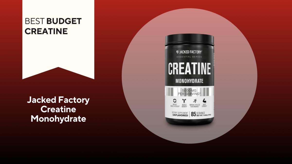 A red and black background with a white banner that reads Best Budget Creatine next to a tub of Jacked Factory Creatine Monohydrate