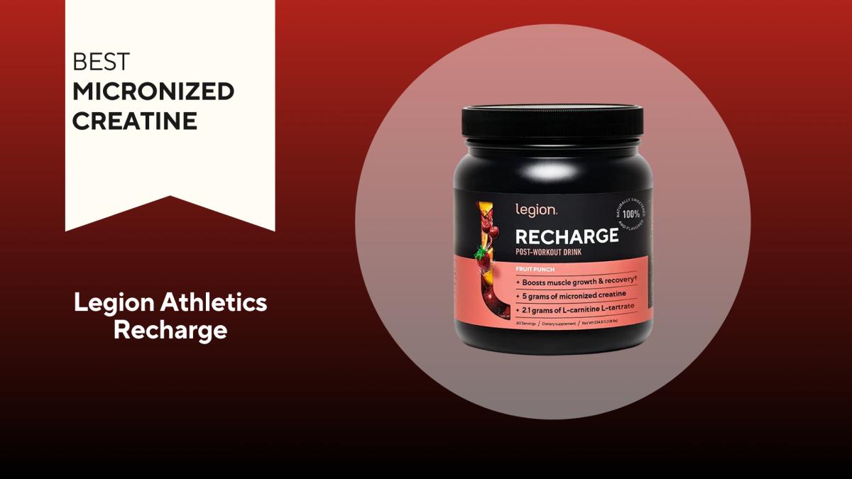 A red and black background with a white banner that reads Best Micronized Creatine next to a tub of Legion Athletics Recharge post workout supplement with creatine