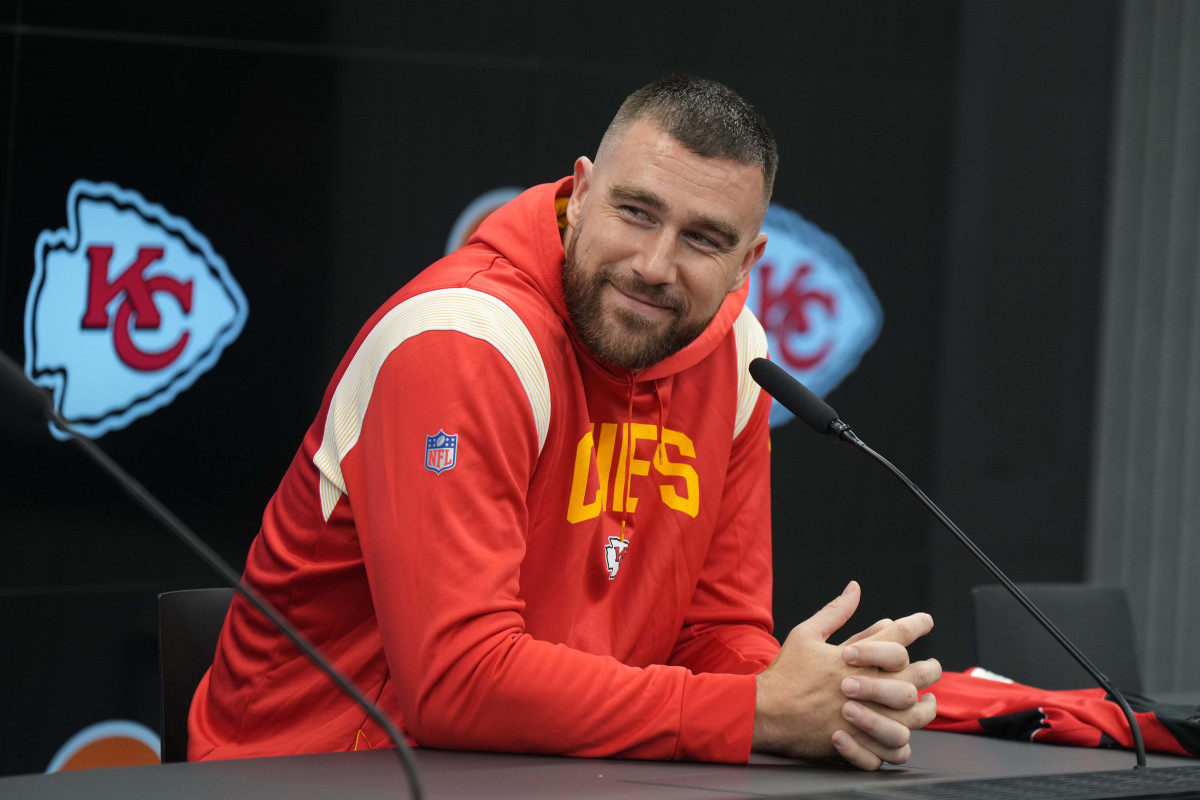 Kansas City Chiefs tight end Travis Kelce at a press conference at DFB Campus in Frankfurt, Germany.