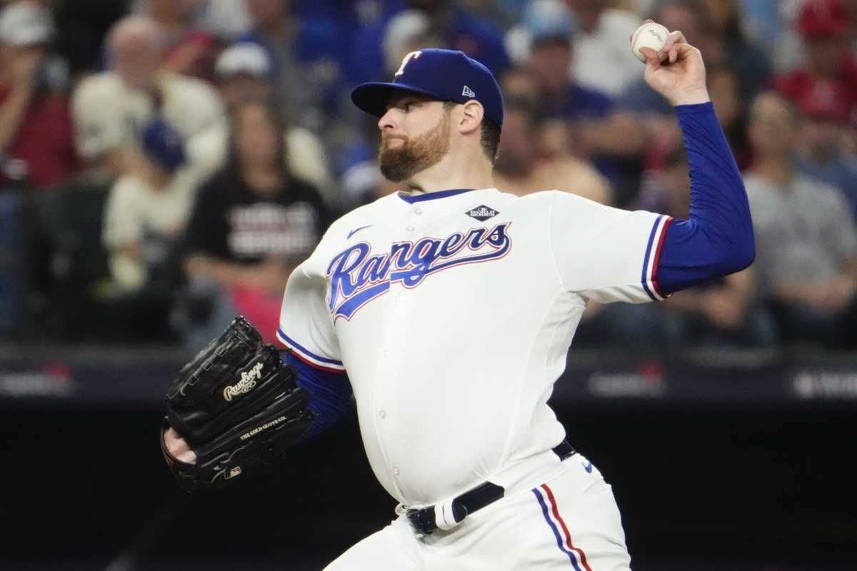 Texas Rangers starting pitcher Jordan Montgomery (52) throws a pitch against the Arizona Diamondbacks during the second inning in game two of the 2023 World Series at Globe Life Field on Oct. 28, 2023, Arlington, Texas.